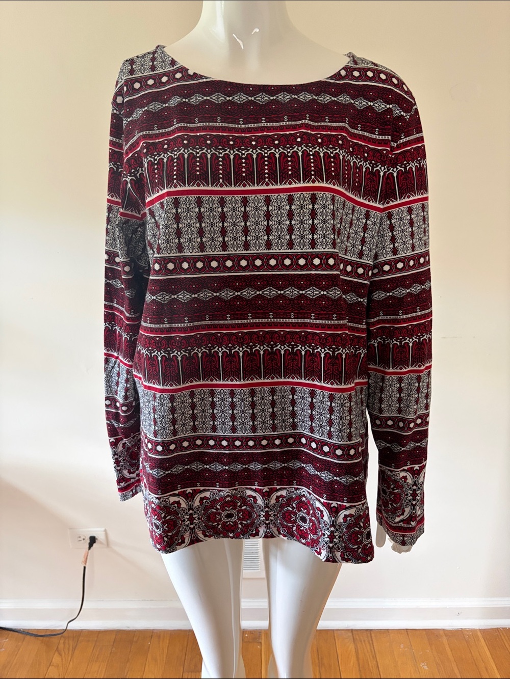 Christopher & Banks Maroon and Gray Patterned Long Sleeve Top